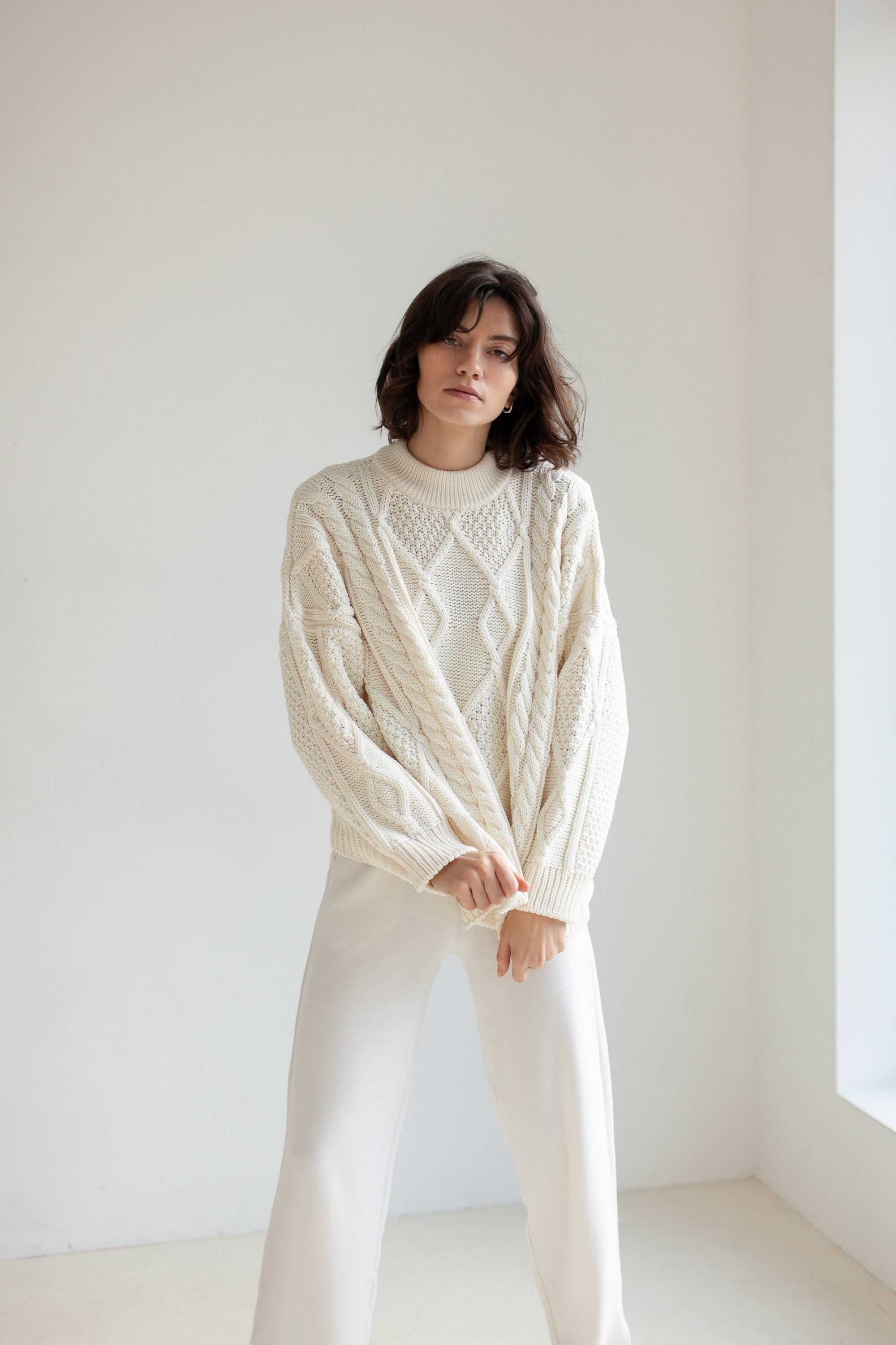 Nonna Cable-Knit 100% Merino Sweater White