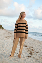 Marina dryžuotas 100% merino vilnos megztinis Smėlis